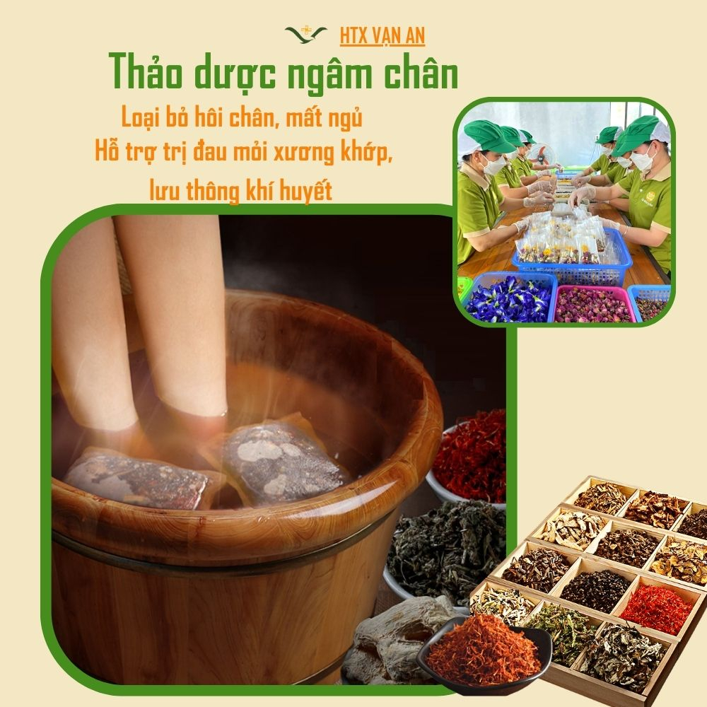 Thảo dược ngâm chân của  HTX Vạn An gồm 10 thành phần hỗ trợ sức khỏe và cho spa thư giãn ngủ ngon trừ hôi chân