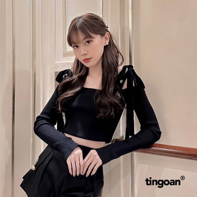 TINGOAN® - Áo trễ vai len xù buộc dây nơ vai cổ tay xẻ đen BABY DOLL/BL PHIÊN BẢN T6.2026