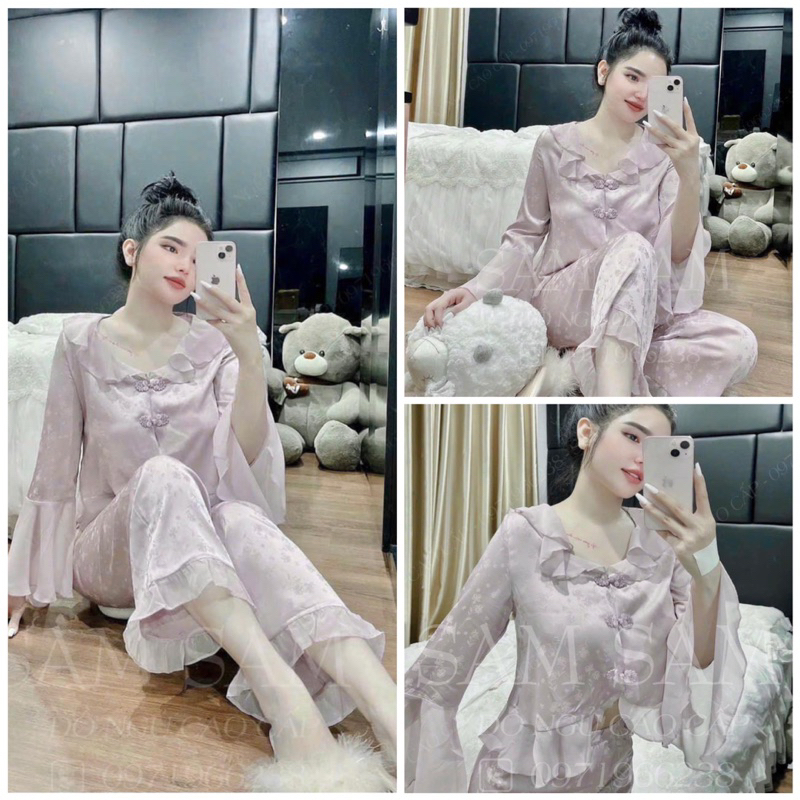 Đồ Bộ Mặc Nhà Pijama Nữ Cộc Dài Tay Cao Cấp - Đồ Ngủ Lụa Quảng Châu