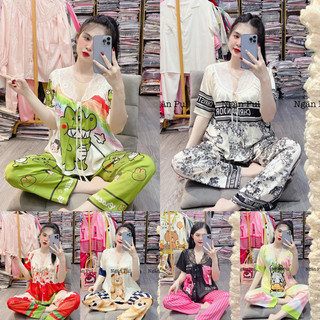 Bộ lụa xước thiết kế cổ ren tay ngắn quần dài