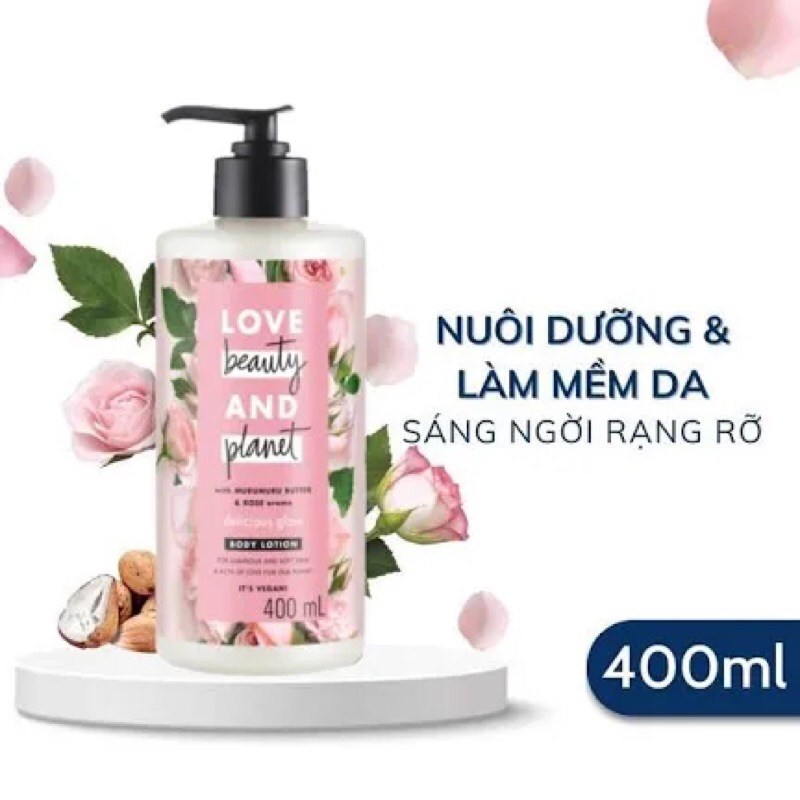 Sữa dưỡng thể  hoa hồng Love Beauty And Planet Delicious Glow 400ml dưỡng ẩm lưu hương và giúp làn da sáng mịn hơn