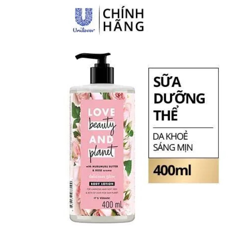 Sữa dưỡng thể  hoa hồng Love Beauty And Planet Delicious Glow 400ml dưỡng ẩm lưu hương và giúp làn da sáng mịn hơn