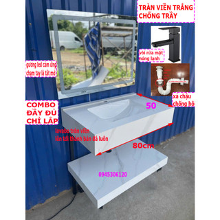 Combo BÀN ĐÁ TRÀN VIỀN và chậu lavabo rửa mặt kèm và gương led cảm ứng, có vòi lavabo nóng lạnh có xả