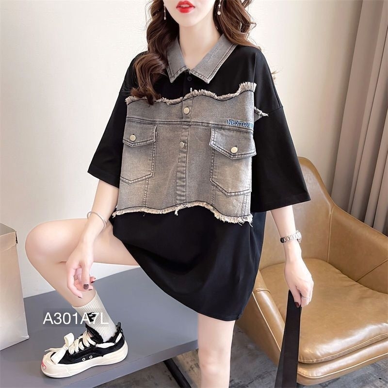 Áo Polo Nữ Pha Bò ,Áo Váy Phông Phối Bò Tua Rách Đắp Túi Nắp Cổ Sơ Mi Cài Cúc Form Thụng Rộng Cá Tính -A317