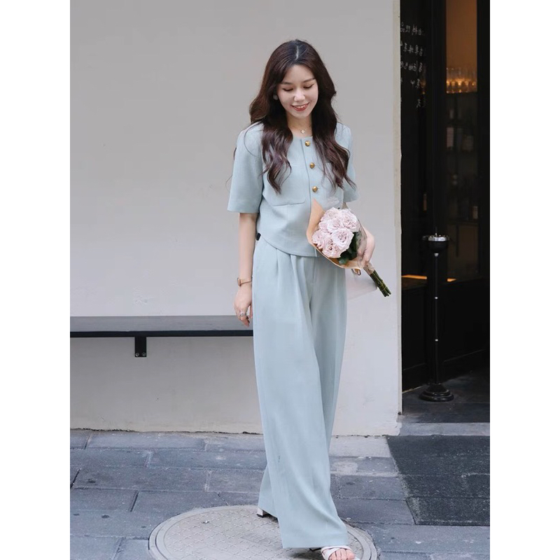 bộ vest cổ tròn cúc mạ vàng,sét vest quần dài,ngắn tay phong cách Hàn Quốc
