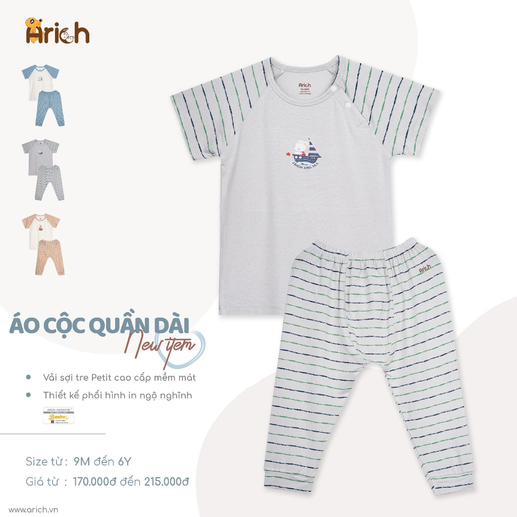 Bộ áo cộc quần dài vải sợi tre Arich cho bé từ 6 tháng đến 6 tuổi