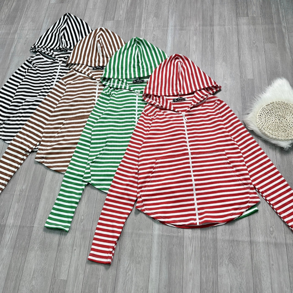 Áo Khoác Sọc Ngang Bigsize Nữ,Áo Tay Dài Có Mũ Khóa Kéo Chống Nắng Vải Thun Gân Mặc Mát Thoải Mái KHOAC4
