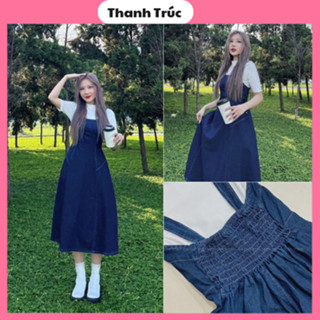 Váy jean denim viền chỉ chun lưng sau dáng xòe váy yếm bò denim chỉ nổi váy hai dây váy yếm jean