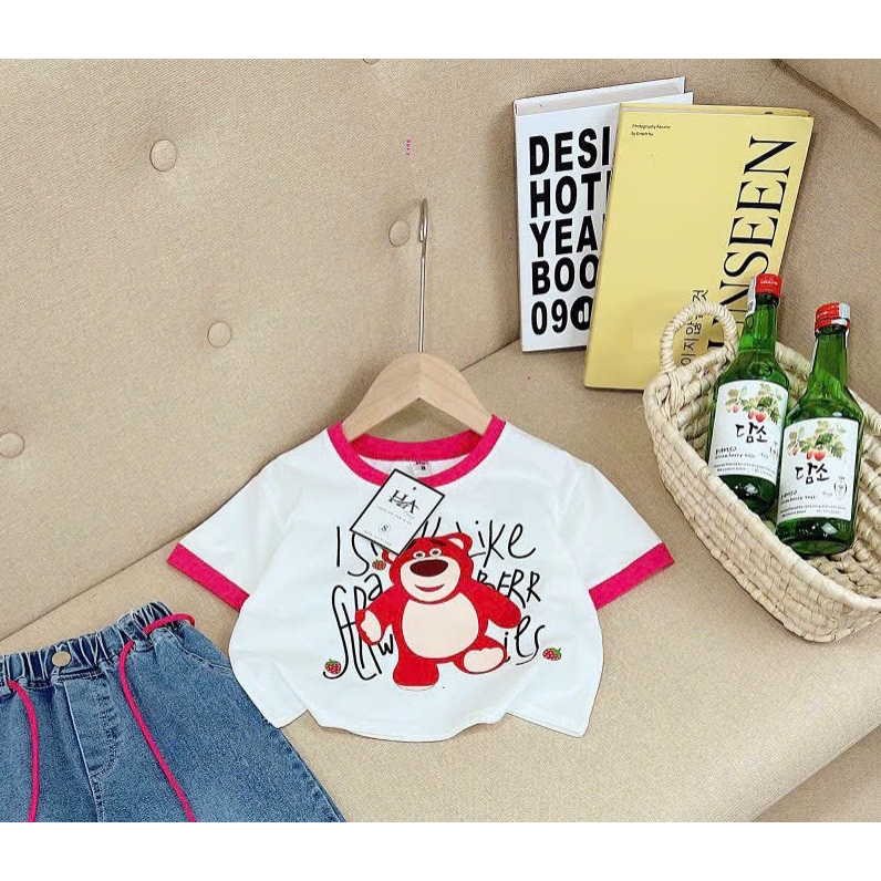 Áo Tay Cộc Croptop Bé Gái Chất Zip Co Dãn HÌNH GẤU VIỀN HỒNG Từ 10 Đến 40 Kg