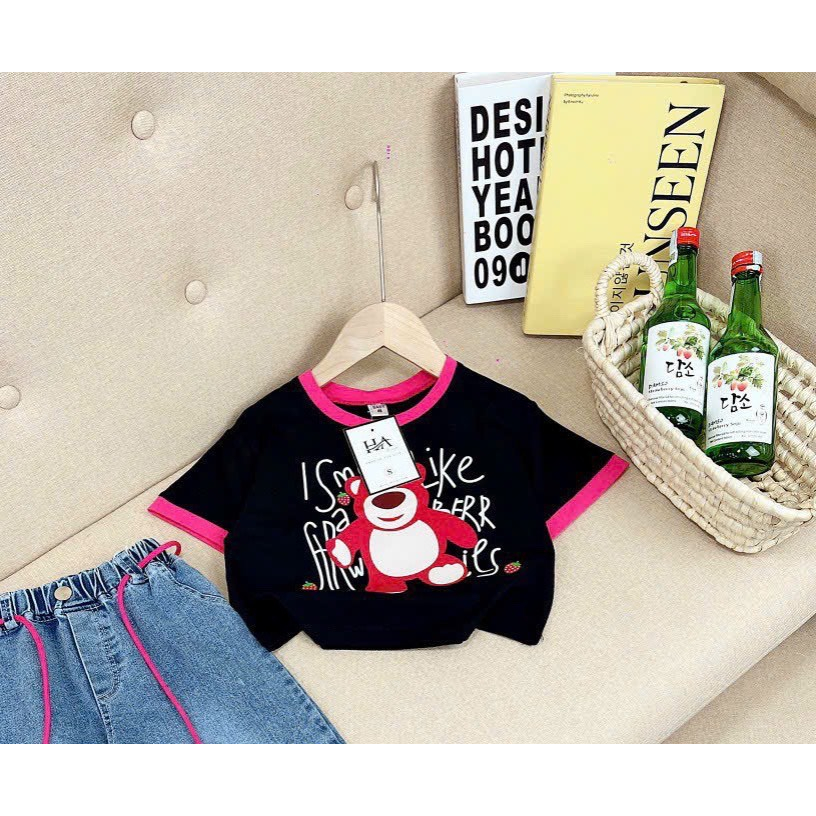 Áo Tay Cộc Croptop Bé Gái Chất Zip Co Dãn HÌNH GẤU VIỀN HỒNG Từ 10 Đến 40 Kg