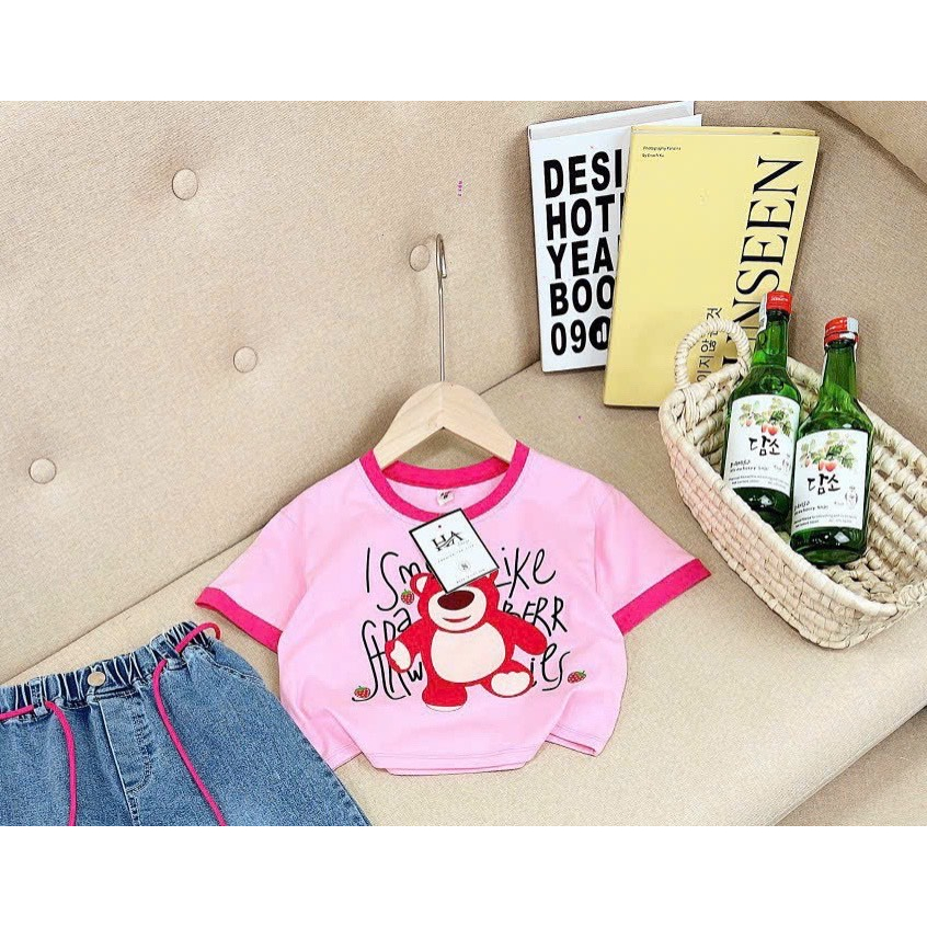 Áo Tay Cộc Croptop Bé Gái Chất Zip Co Dãn HÌNH GẤU VIỀN HỒNG Từ 10 Đến 40 Kg