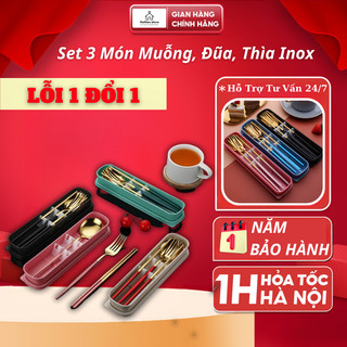 Set 2, 3 Món Muỗng Đũa Nĩa Thìa Inox 304 Cá Nhân Cơm Trưa Văn Phòng Dã Ngoại Tặng Kèm Hộp Đựng Tiện Lợi BMD01