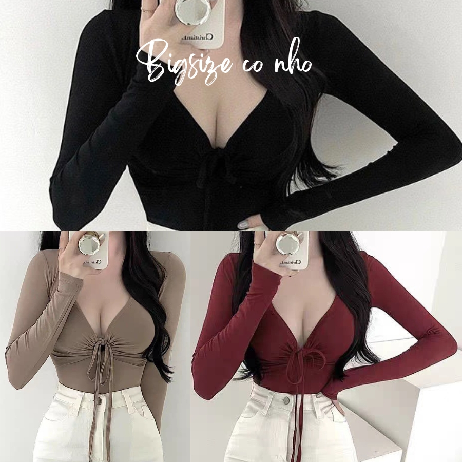 Áo thun kiểu bigsize nữ tay dài có dây rút ngực khoe vòng 1 xinh chất vải gân tăm co giãn thoải mái G48
