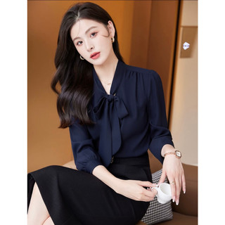 Áo sơ mi trung niên nữ ht official,áo sơ mi nữ đẹp tay dài cổ nơ v cao cấp