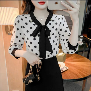  Áo Sơ Mi trung niên nữ HT official,Áo Sơ Mi Nữ Tay Lỡ Chấm Bi To Cổ Nơ Chất Voan Cao Cấp 