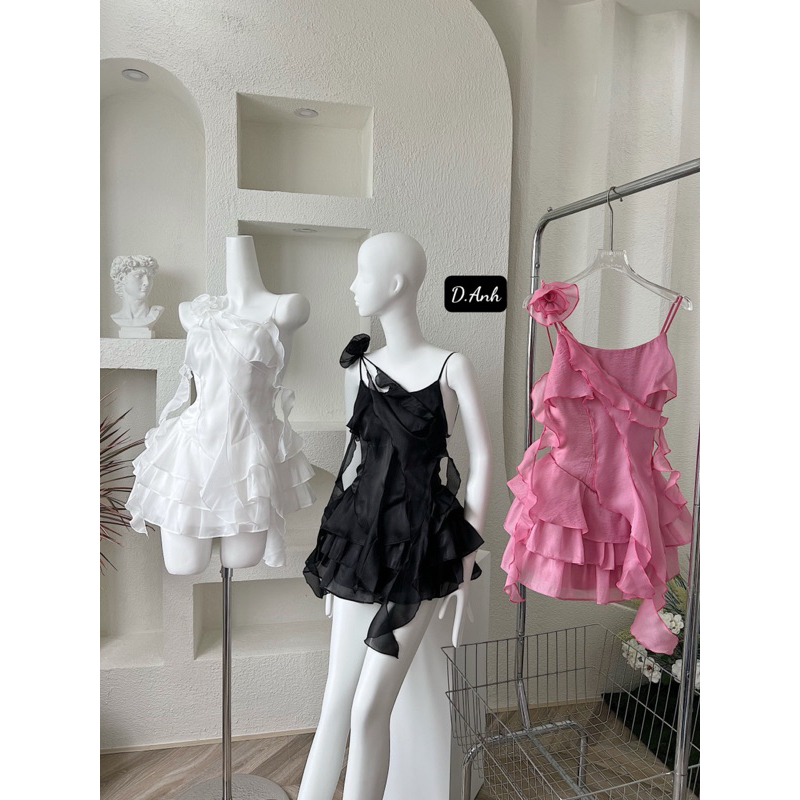 Đầm đi tiệc dễ thương tơ tầng kèm hoa dây cổ