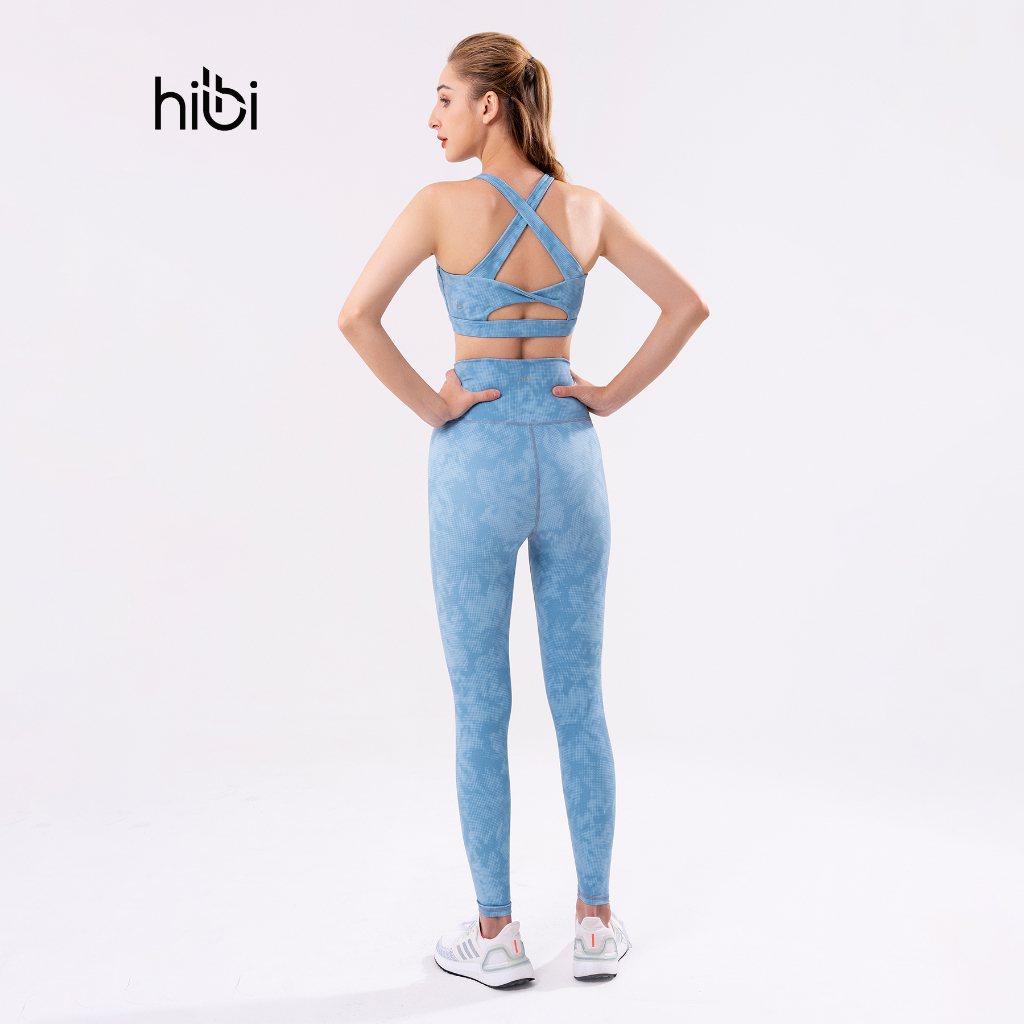 Set đồ tập yoga gym Hibi Sports H152, màu Hoa văn xanh, áo bra phối V, lưng xoắn nơ, kèm mút ngực