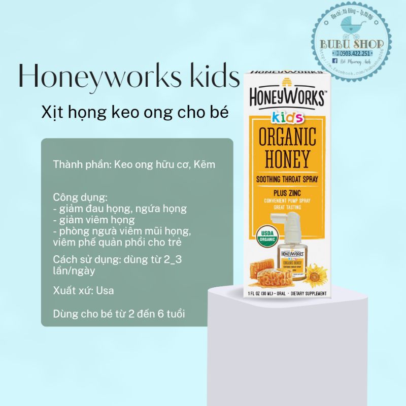 Xịt họng keo ong organic HoneyWorks cho bé từ 1 tuổi