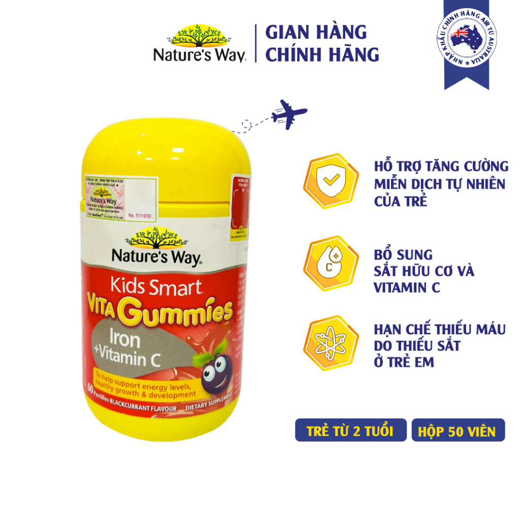 Viên Nhai Bổ Sung Sắt Hữu Cơ Và Vitamin C Cho Bé Nature’s Way Kids Smart Vita Gummies Iron + Vitamin C Tăng Đề Kháng 60v