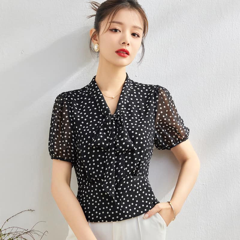 Áo Sơ Mi trung niên nữ HT Store,Áo Sơ Mi Nữ Chấm Bi Tay Ngắn Cổ Nơ