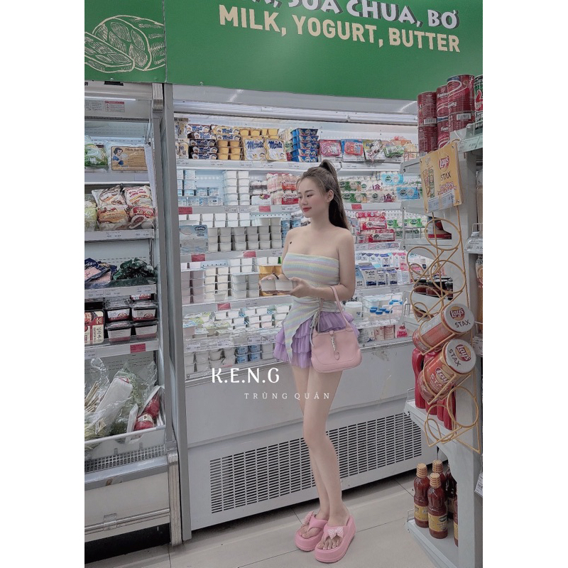 Set đồ nữ dễ thương áo quây mix chân váy chun tơ tầng