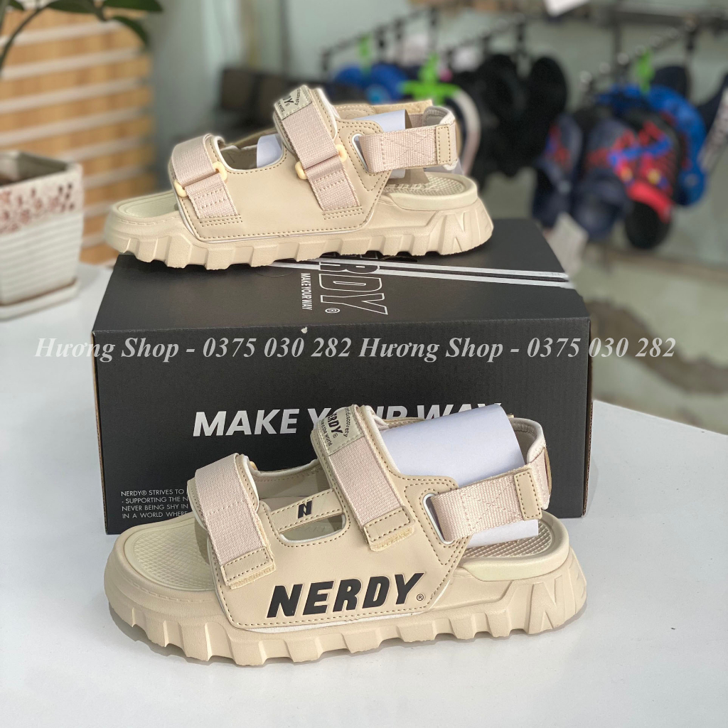 Full box, Sandal Ner.dy màu kaki êm nhẹ, quai dán dễ tháo rời, kiểu dáng thời trang cho nữ