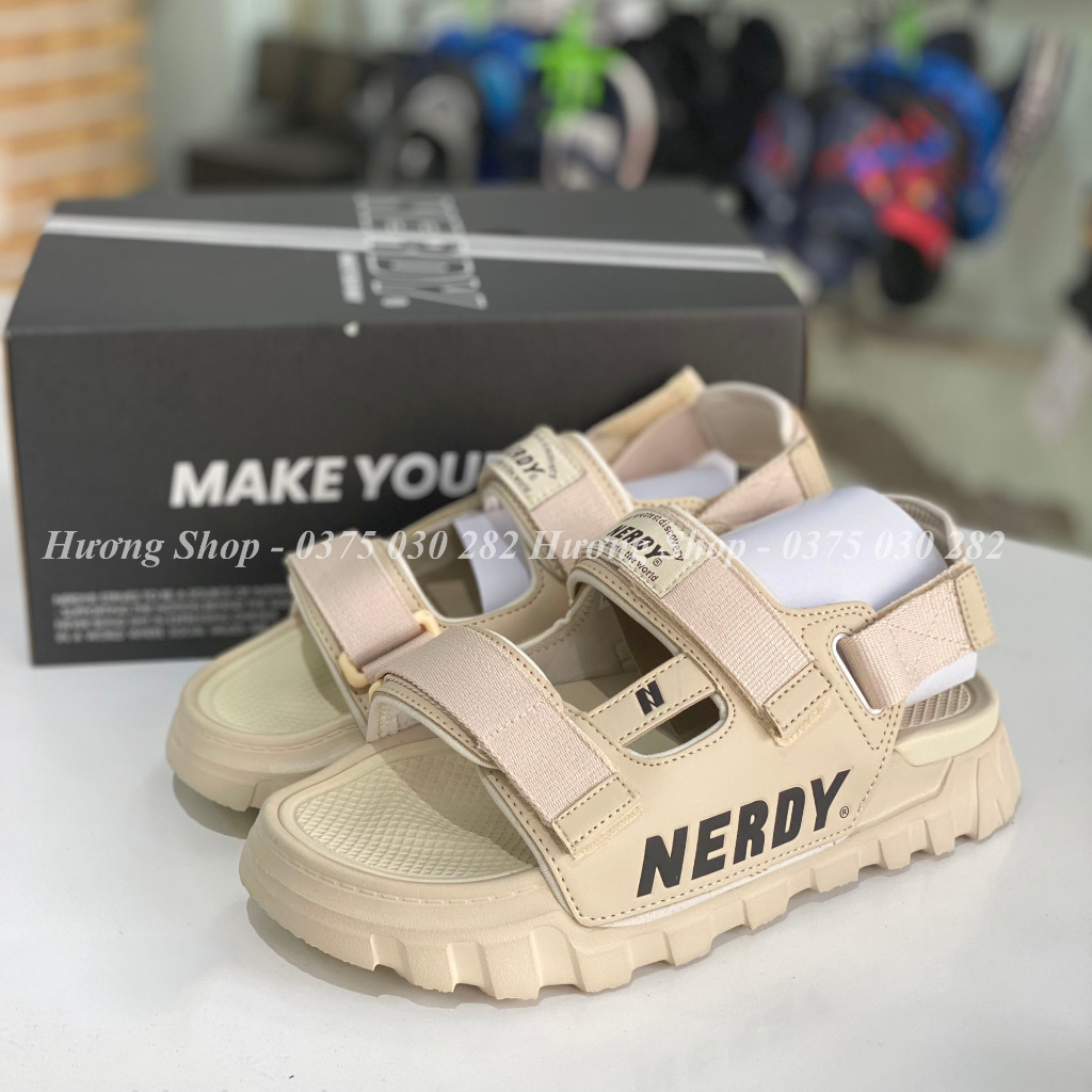 Full box, Sandal Ner.dy màu kaki êm nhẹ, quai dán dễ tháo rời, kiểu dáng thời trang cho nữ