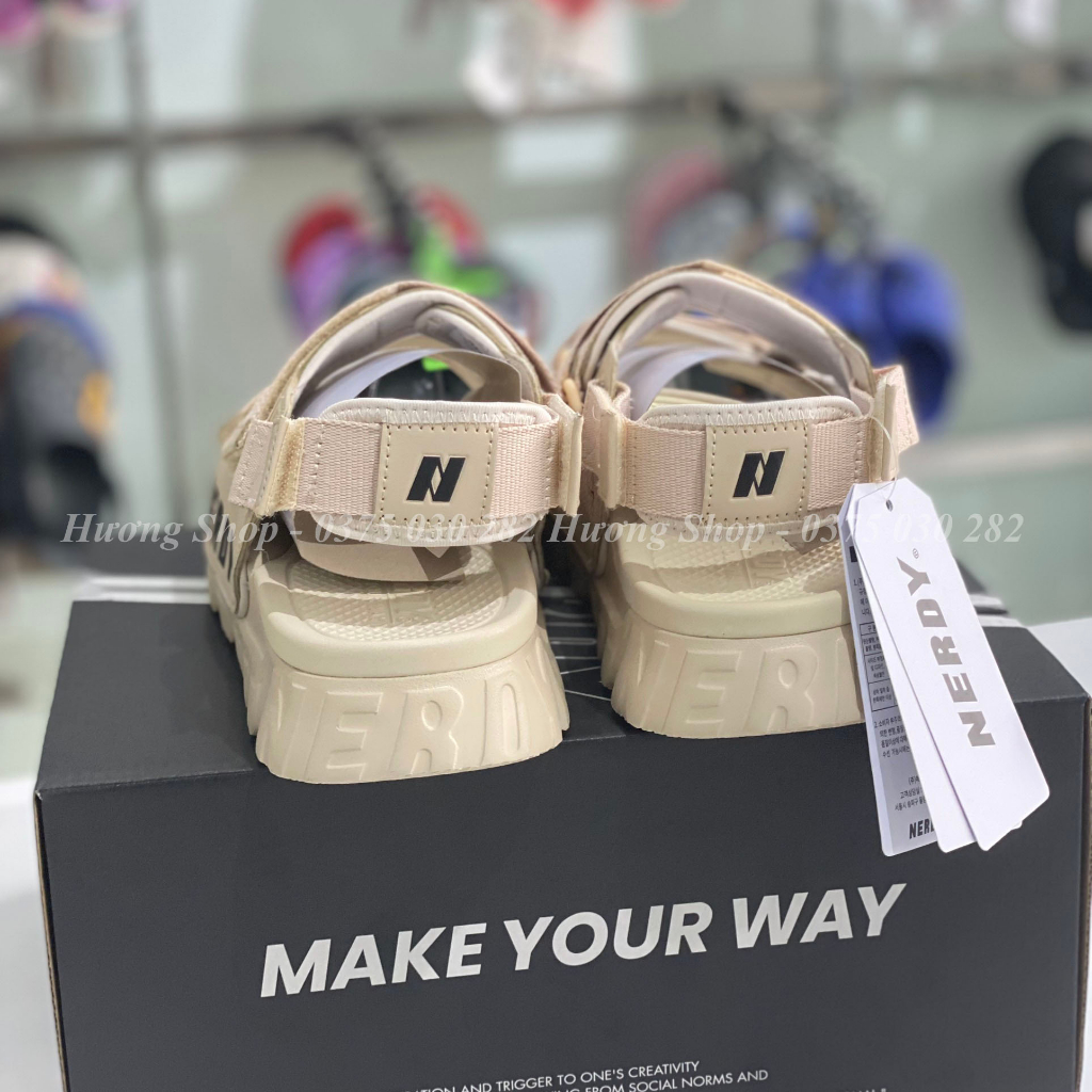Full box, Sandal Ner.dy màu kaki êm nhẹ, quai dán dễ tháo rời, kiểu dáng thời trang cho nữ