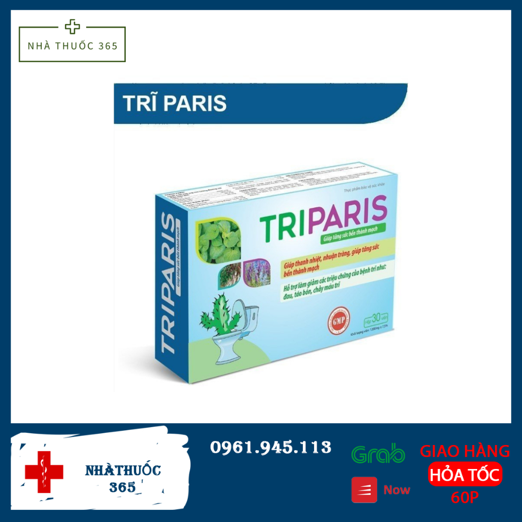 Trĩ Paris - Viên uống tiêu trĩ giảm táo bón thành phần Diếp cá, Nano Curcumin,Hạt dẻ (Hộp 30 viên )