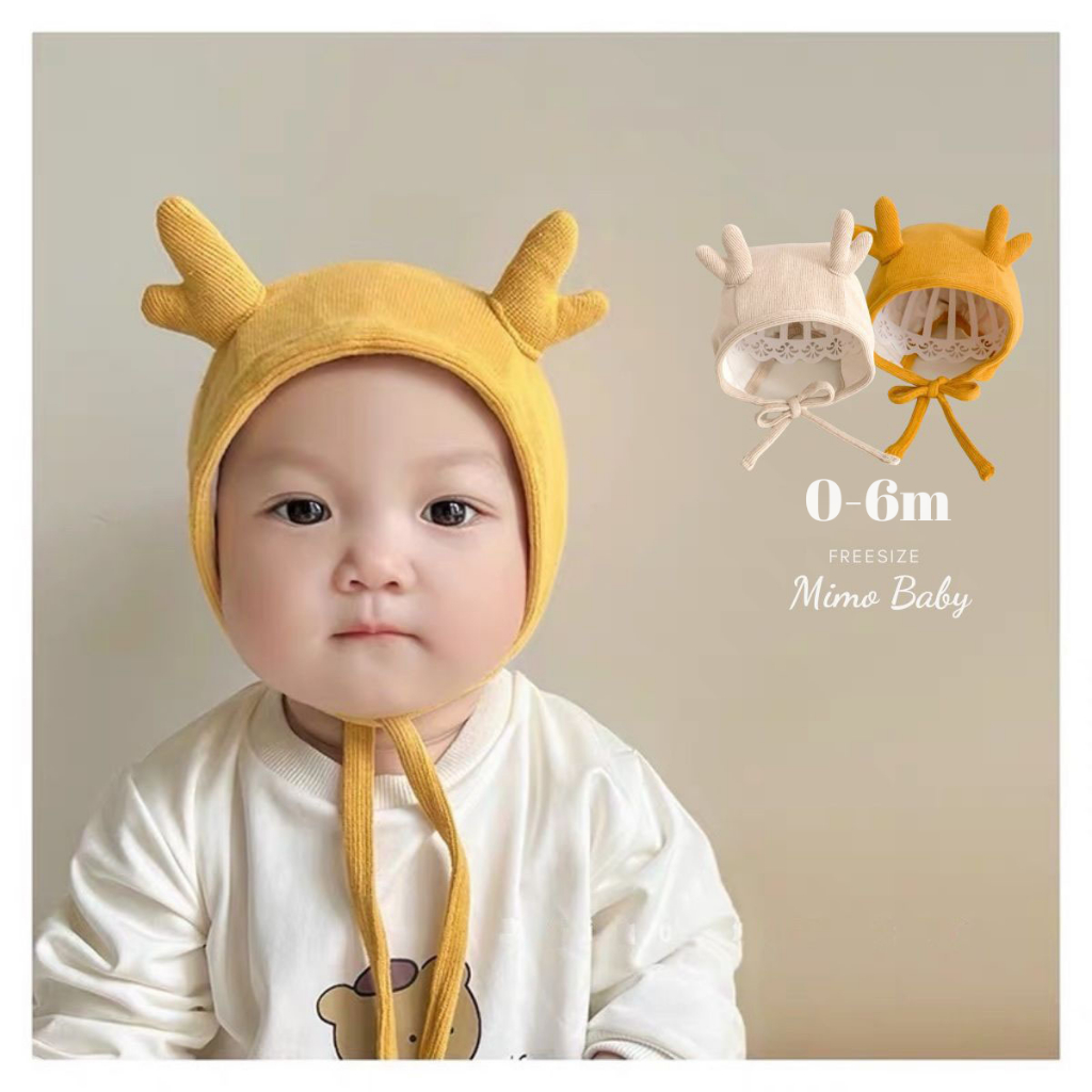 Mũ nón cotton nhung buộc dây hình sừng tuần lộc dễ thương cho bé MD205 Mimo Baby
