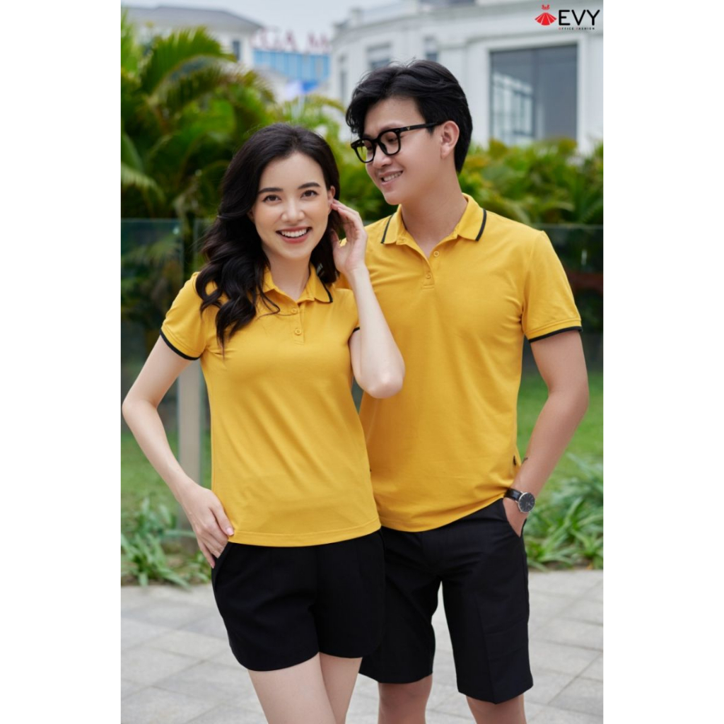 Áo Đôi, Áo Thun Polo Nam Nữ Vàng Sọc Thanh Lịch Dễ Thương Vải Thoáng Mát