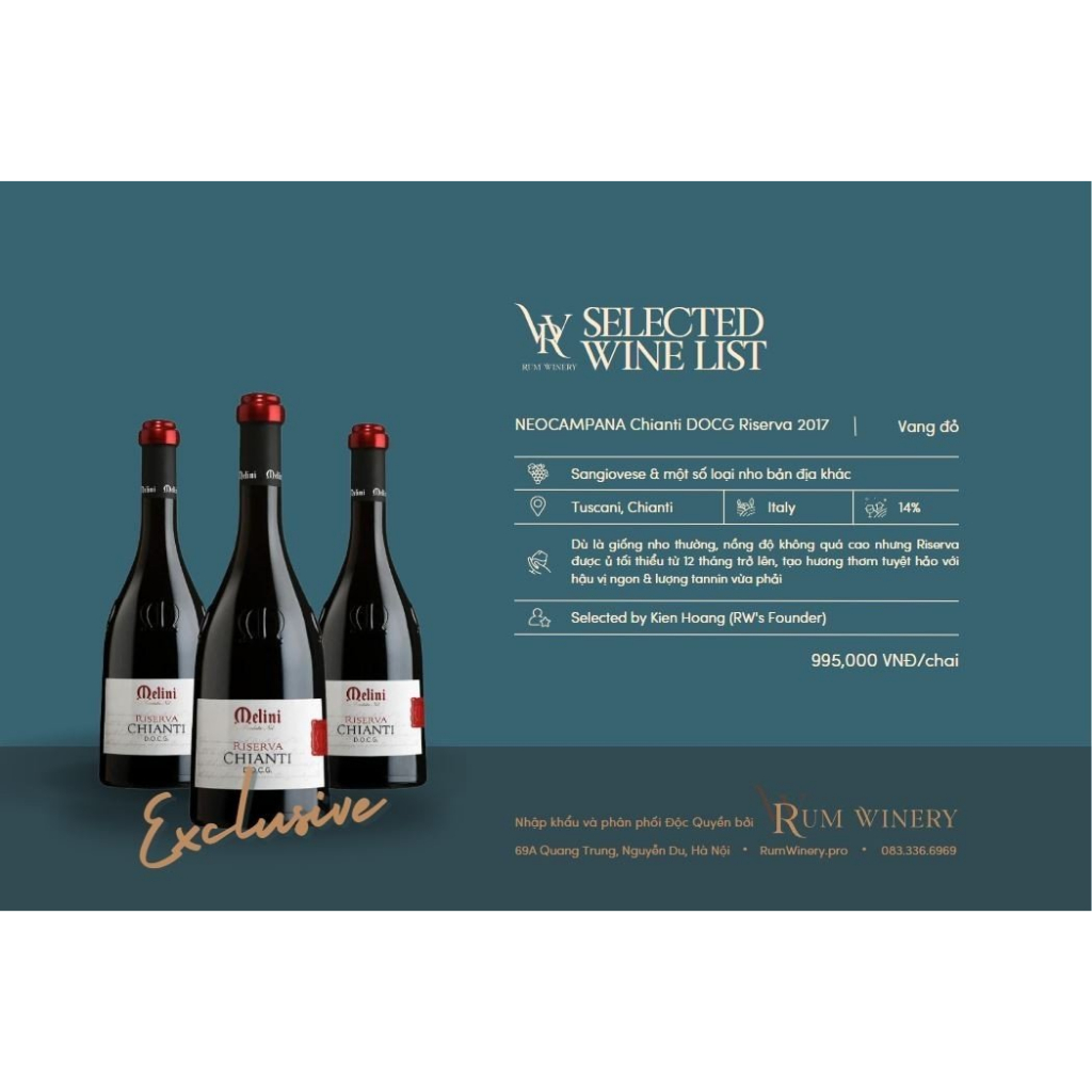 Rượu vang đỏ, Rượu vang Ý 𝑵𝑬𝑶𝑪𝑨𝑴𝑷𝑨𝑵𝑨 𝑪𝒉𝒊𝒂𝒏𝒕𝒊 𝑫𝑶𝑪𝑮 𝑹𝒊𝒔𝒆𝒓𝒗𝒂 2017 (15 độ)