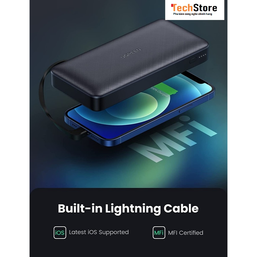 Pin sạc dự phòng Ugreen 10400 - liền cáp Lig.ht.ning, USB-C 20W, 20,000mAh