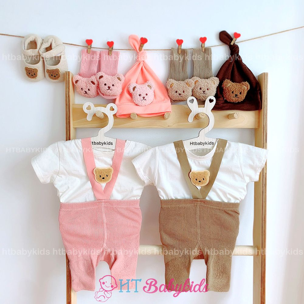 Set Quần Yếm Đùi Chất Thun Gân, Áo Gấu, Nón, Tất Đáng Yêu Cho Bé