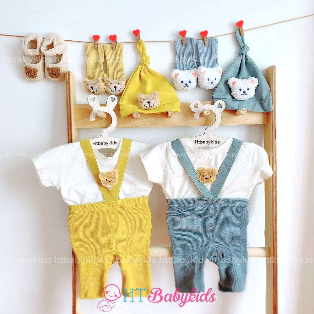 Set Quần Yếm Đùi Chất Thun Gân, Áo Gấu, Nón, Tất Đáng Yêu Cho Bé