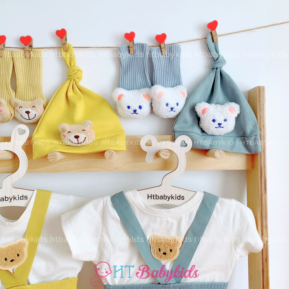 Set Quần Yếm Đùi Chất Thun Gân, Áo Gấu, Nón, Tất Đáng Yêu Cho Bé