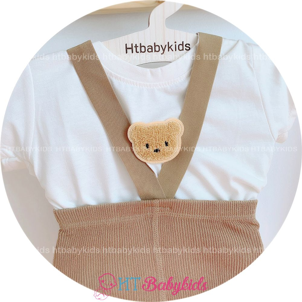 Set Quần Yếm Đùi Chất Thun Gân, Áo Gấu, Nón, Tất Đáng Yêu Cho Bé