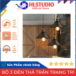 Bộ 3 đèn thả trần trang trí, đèn trang trí dây thừng dạng thẳng 3 chao hình nón lá hl studio
