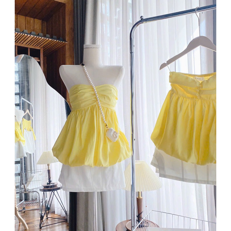 SET ÁO ỐNG VÀNG XOÈ PHỒNG + CHÂN VÁY CHỮ A TRẮNG