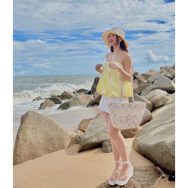 SET ÁO ỐNG VÀNG XOÈ PHỒNG + CHÂN VÁY CHỮ A TRẮNG