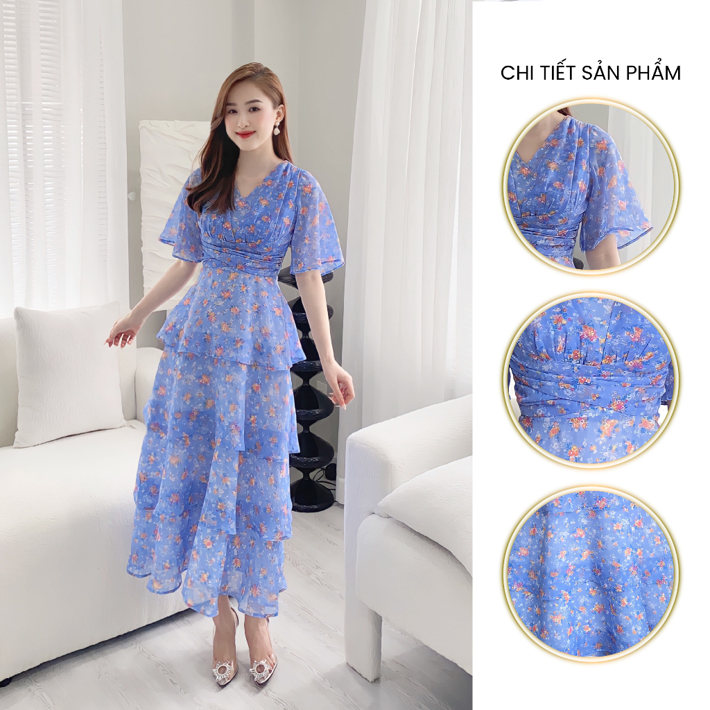 ĐẦM XÒE CỔ V 4 TẦNG TAY LOE EO XẾP LY - XANH 4164