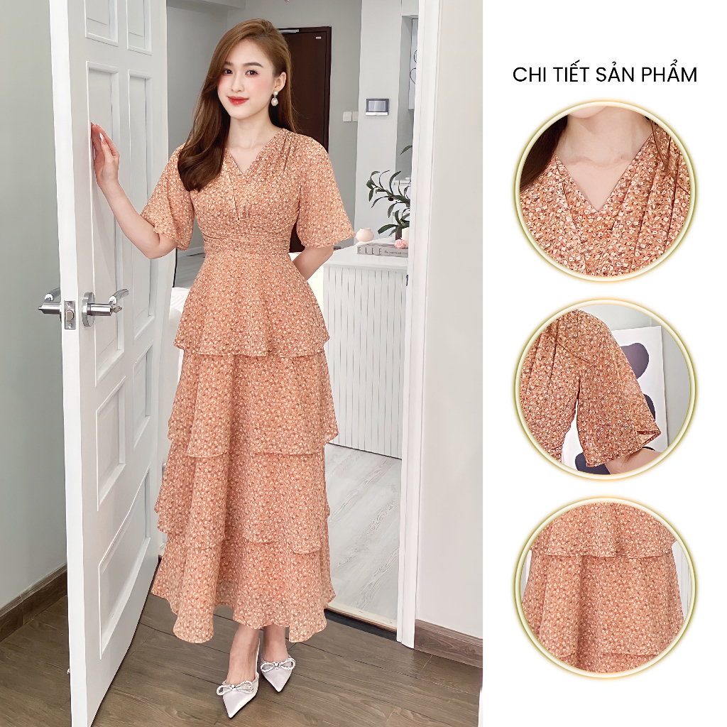 ĐẦM XÒE CỔ V 4 TẦNG TAY LOE - CAM 4165