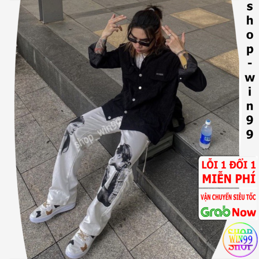 Quần baggy WHITE nam nữ unisex, Kiểu quần ống rộng basic in hình, chất vải kaki phong cách streetwear - win99