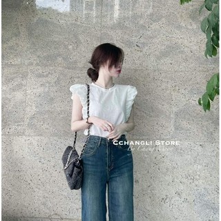 Áo Thun Nữ Cách Điệu Tay Dập Phồng Mix Quần Jeans Đơn Giản Trẻ Trung