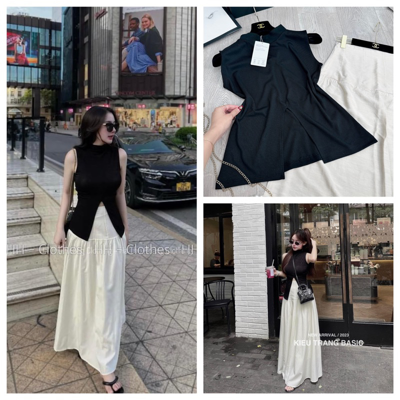 Set áo ba lỗ xẻ vạt hở lưng mix chân váy siêu hot Áo len tăm QC co dãn ôm body, xẻ trước, hở lưng chuẩn