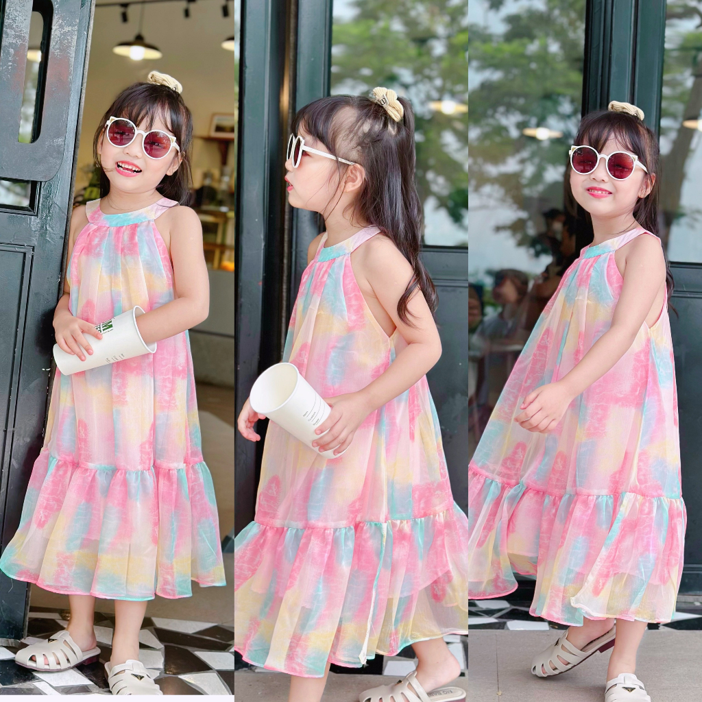 Đầm váy maxi đi biển đi du lịch bé gái❤️Đầm tơ mềm cổ yếm dáng dài, nhẹ, mát ❤️size 1-10Y(10-40 ký)❤️