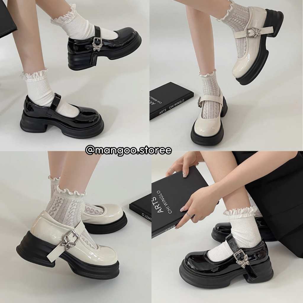 Giày búp bê Lolita mũi tròn khóa cài họa tiết Butterfly