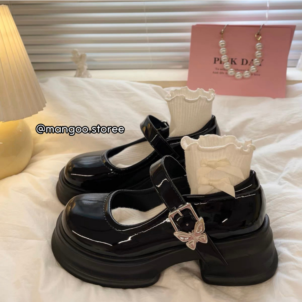 Giày búp bê Lolita mũi tròn khóa cài họa tiết Butterfly