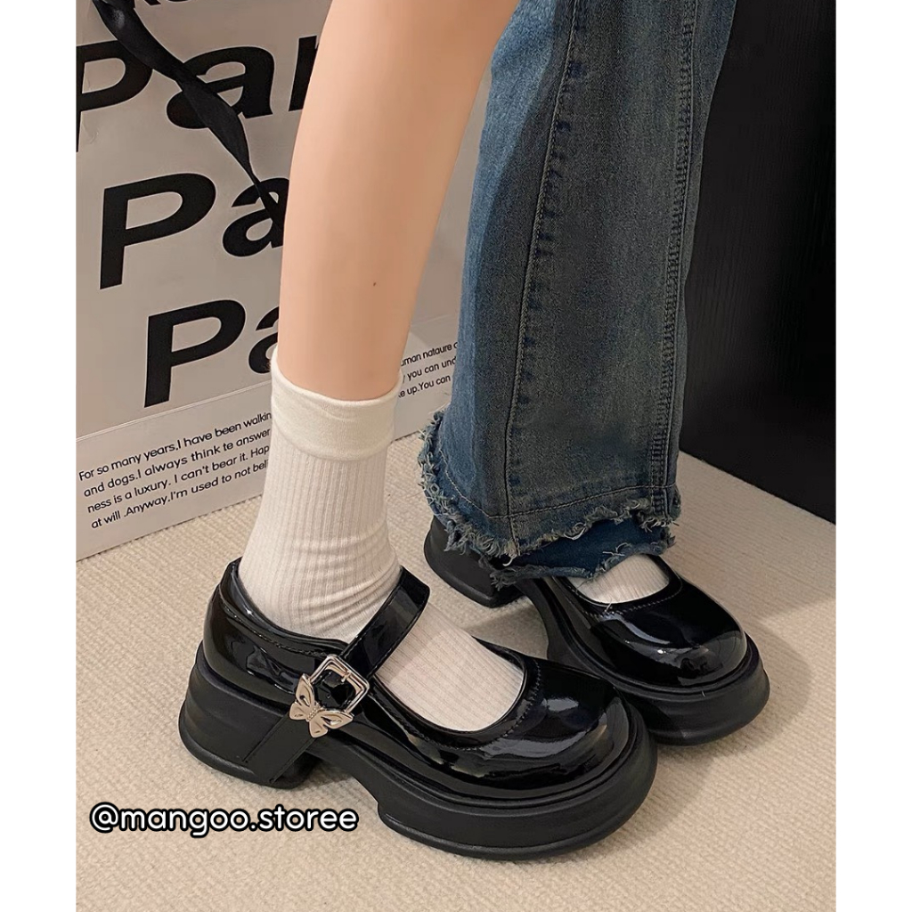 Giày búp bê Lolita mũi tròn khóa cài họa tiết Butterfly