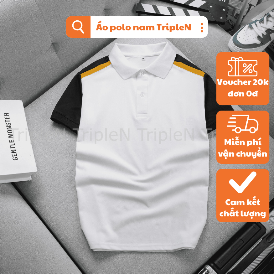 Áo thun polo nam TripleN tay ngắn phối màu trắng đen kiểu dáng trẻ trung, chất liệu vải cá sấu co dãn 4 chiều
